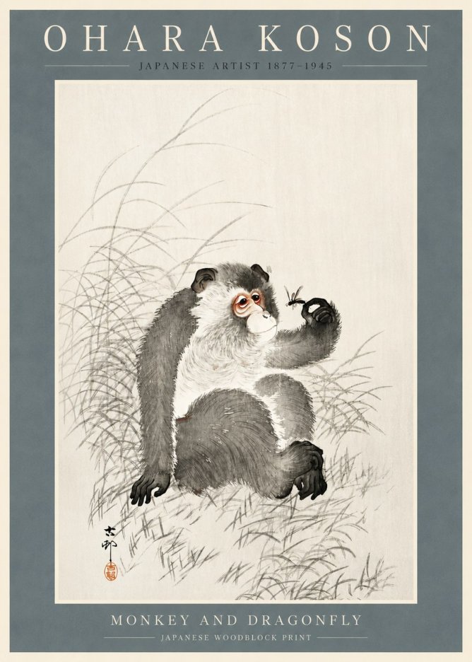 Ohara Koson Monkey and Dragonfly No2 - Affiche