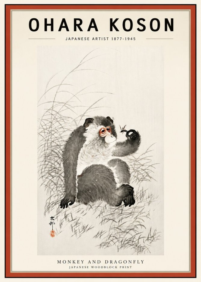 Ohara Koson Monkey and Dragonfly No3 - Affiche