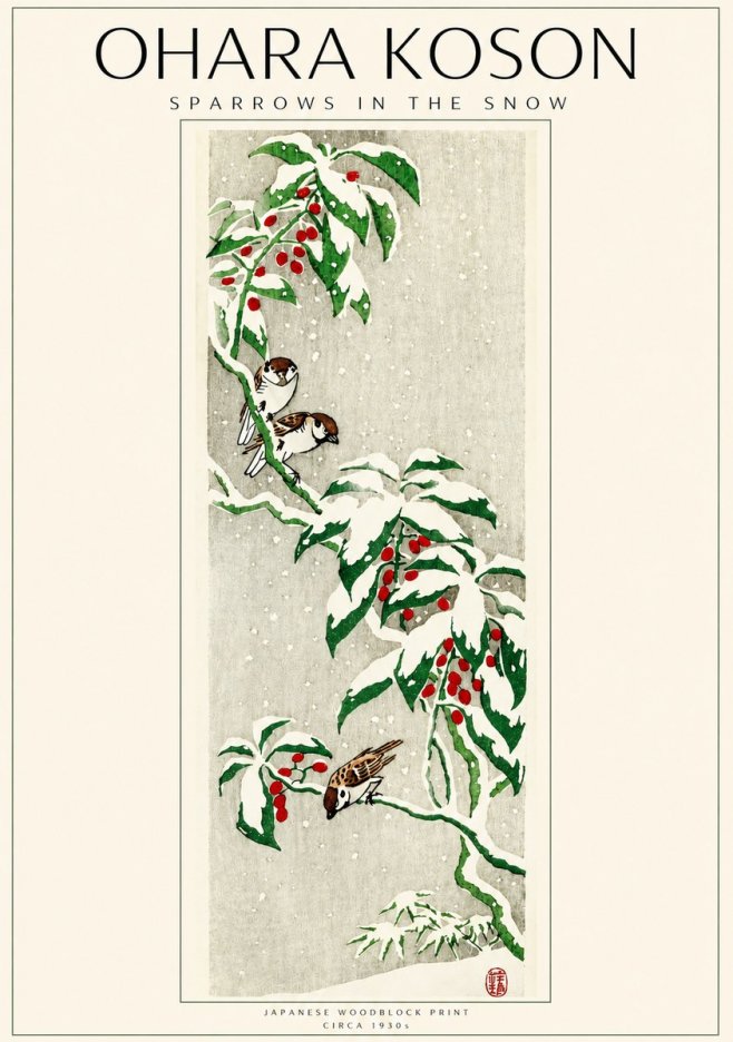 Ohara Koson Sparrows in the Snow No3 - Affiche