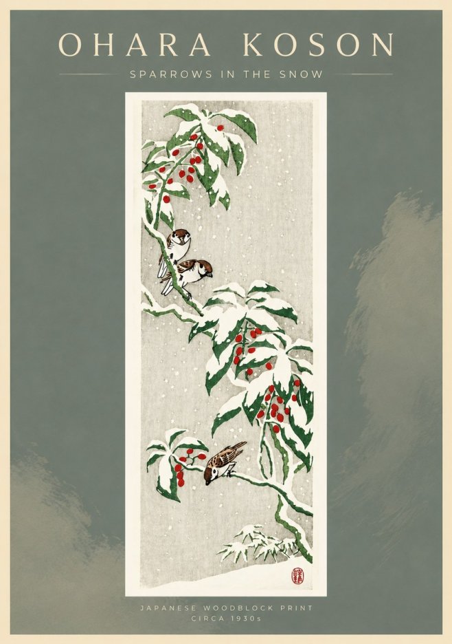 Ohara Koson Sparrows in the Snow No4 - Affiche