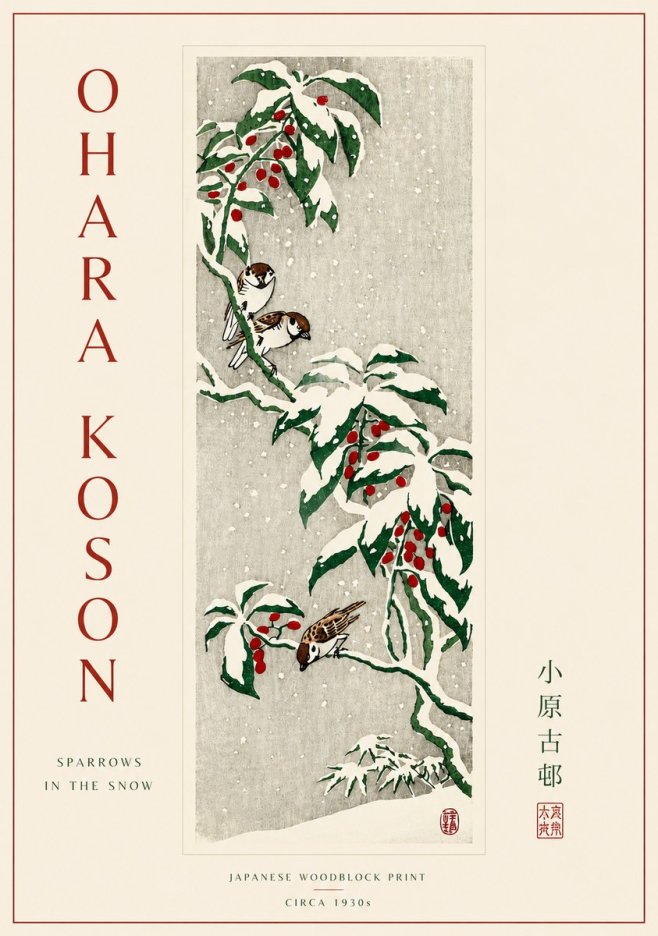 Ohara Koson Sparrows in the Snow No5 - Affiche