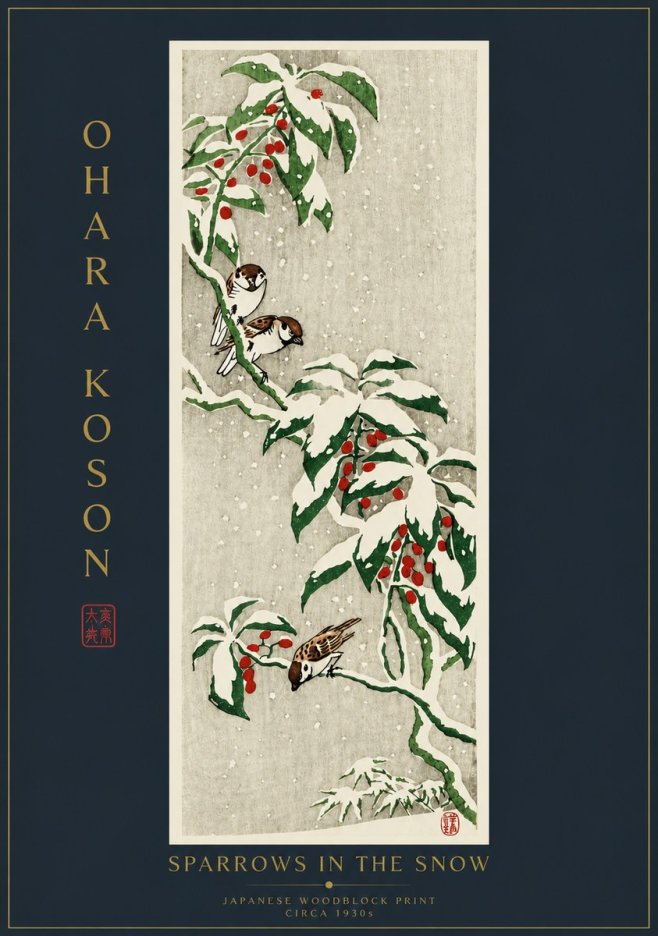 Ohara Koson Sparrows in the Snow No6 - Affiche