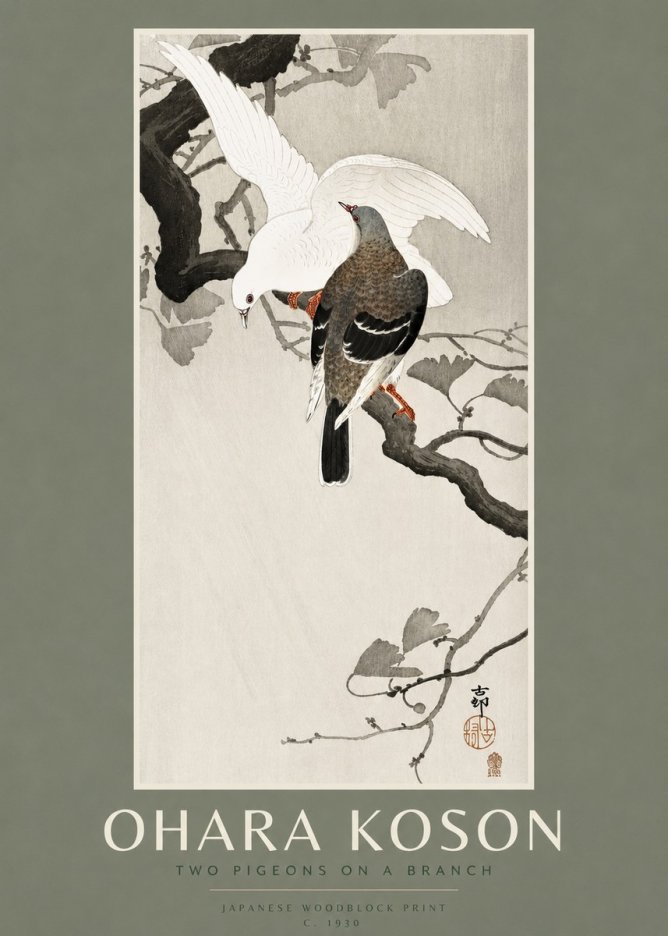 Ohara Koson Two Pigeons on a Branch No2 - Affiche