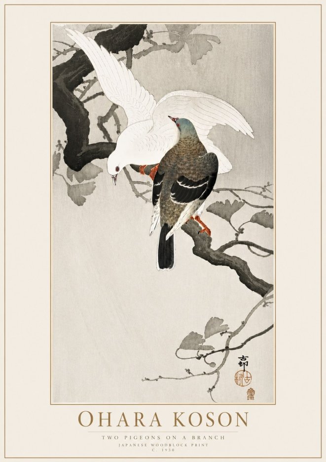 Ohara Koson Two Pigeons on a Branch No4 - Affiche