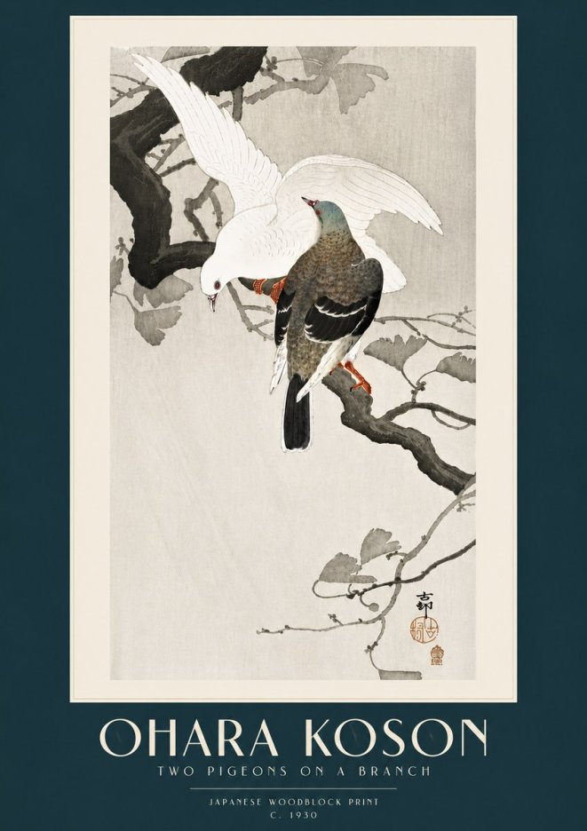 Ohara Koson Two Pigeons on a Branch No5 - Affiche