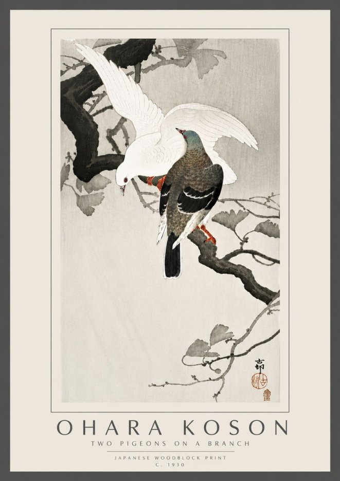 Ohara Koson Two Pigeons on a Branch No6 - Affiche