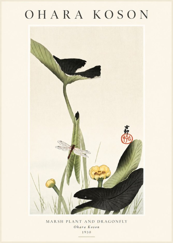 Ohara Koson Marsh Plant and Dragonfly No3 - Affiche