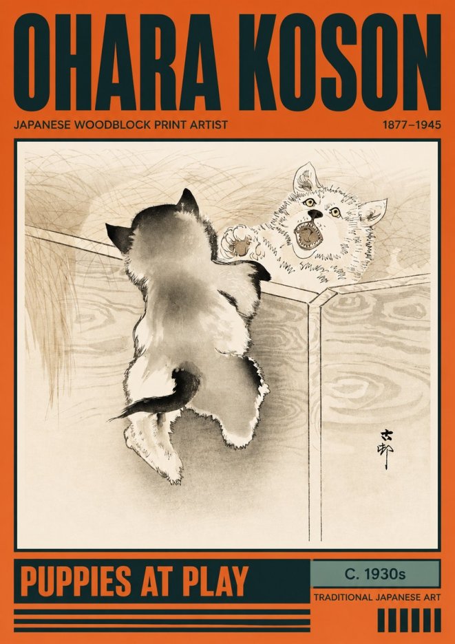 Ohara Koson Puppies at Play No2 - Affiche