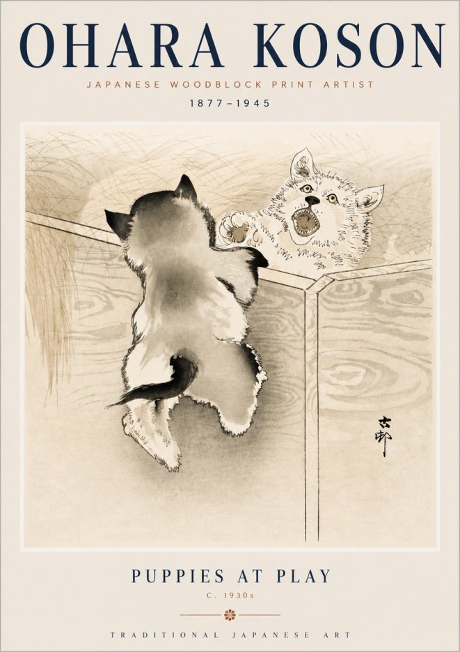 Ohara Koson Puppies at Play No3 - Affiche