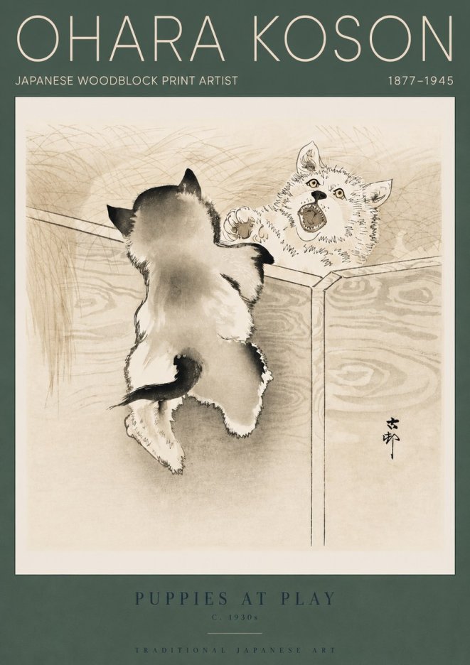Ohara Koson Puppies at Play No4 - Affiche