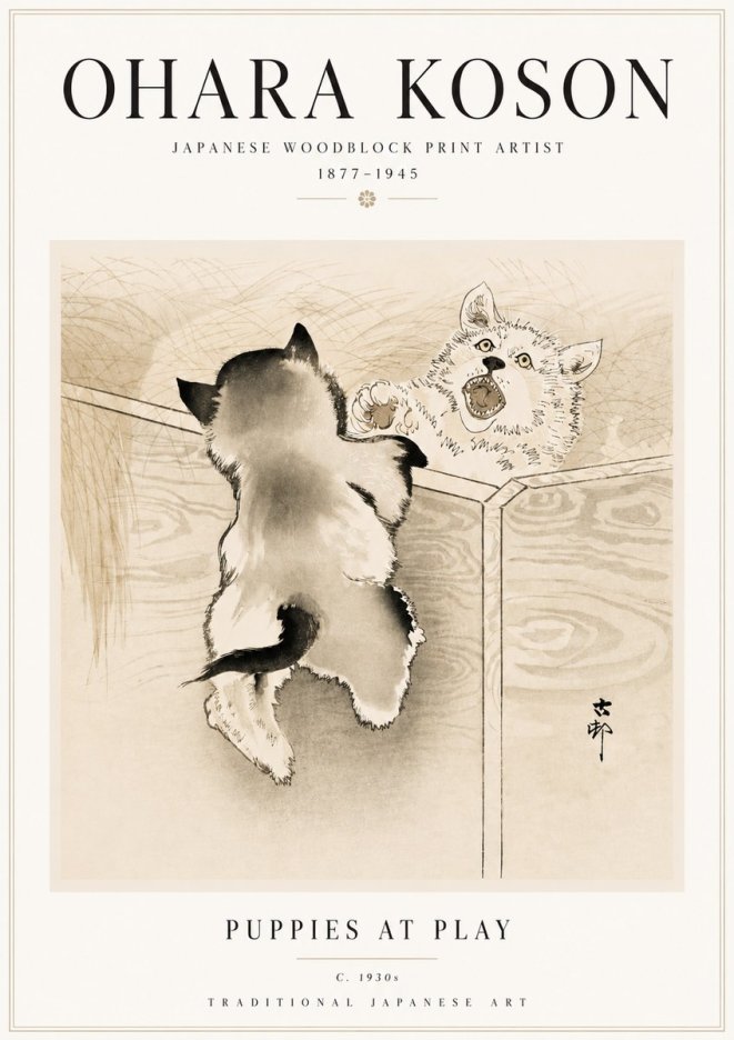 Ohara Koson Puppies at Play No5 - Affiche