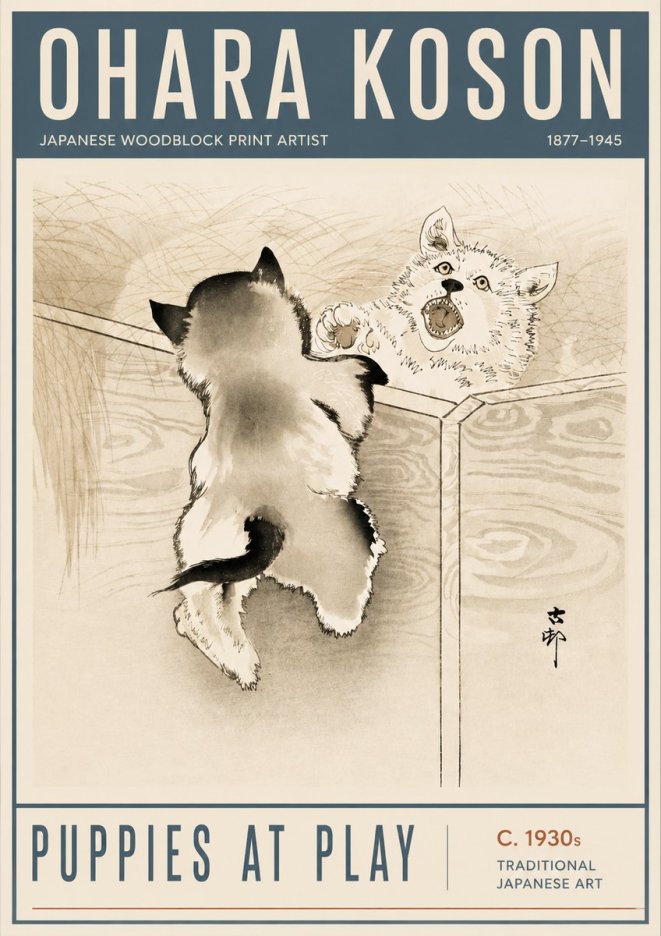 Ohara Koson Puppies at Play No6 - Affiche