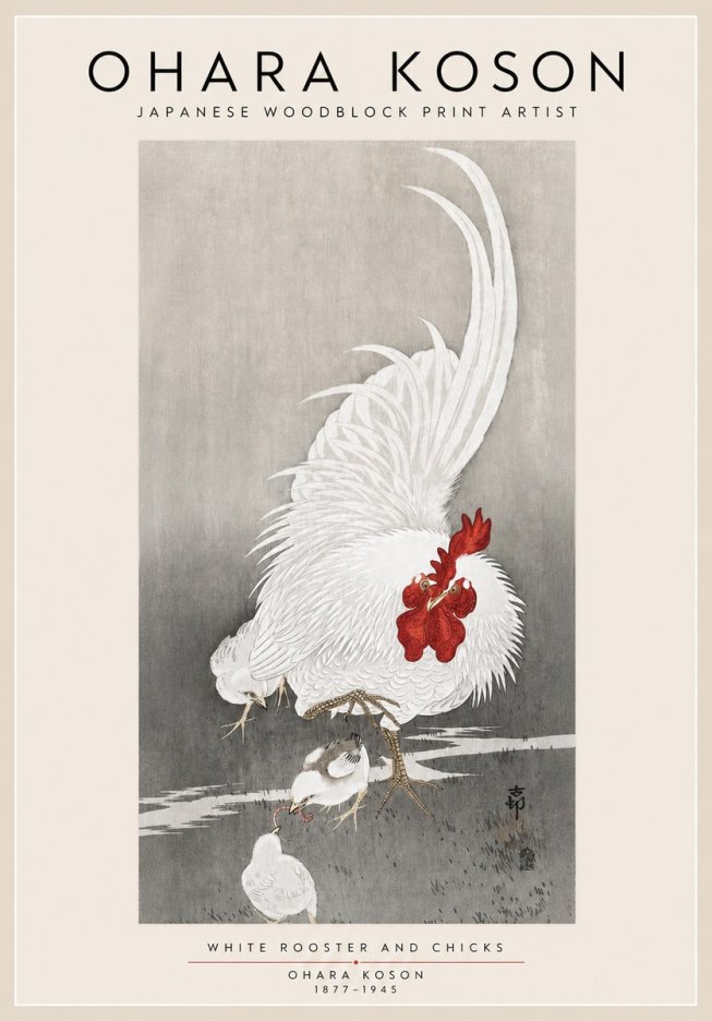 Ohara Koson White Rooster and Chicks No3 - Affiche