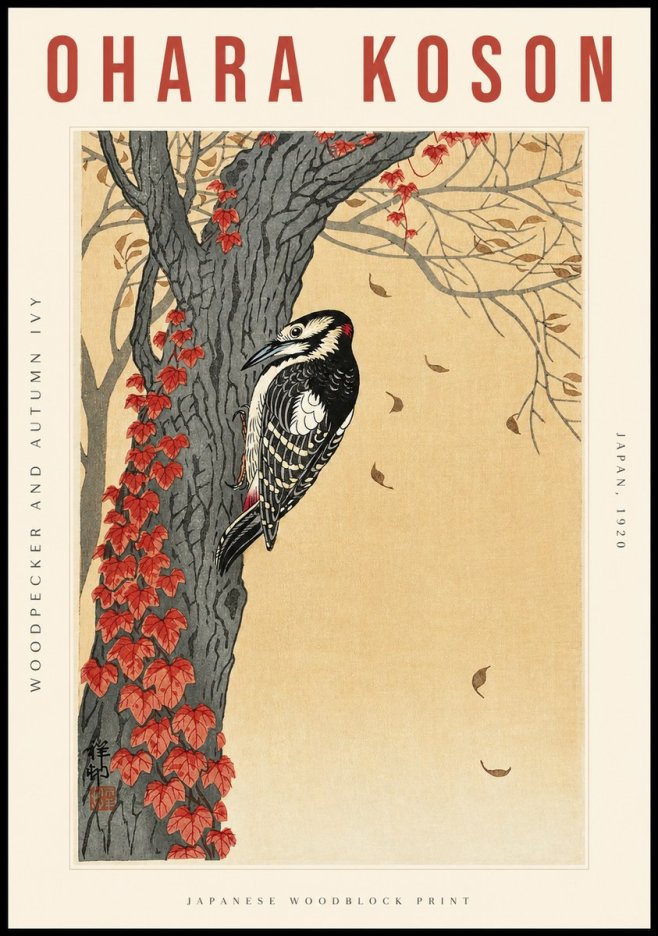 Ohara Koson Woodpecker and Autumn Ivy No2 - Affiche