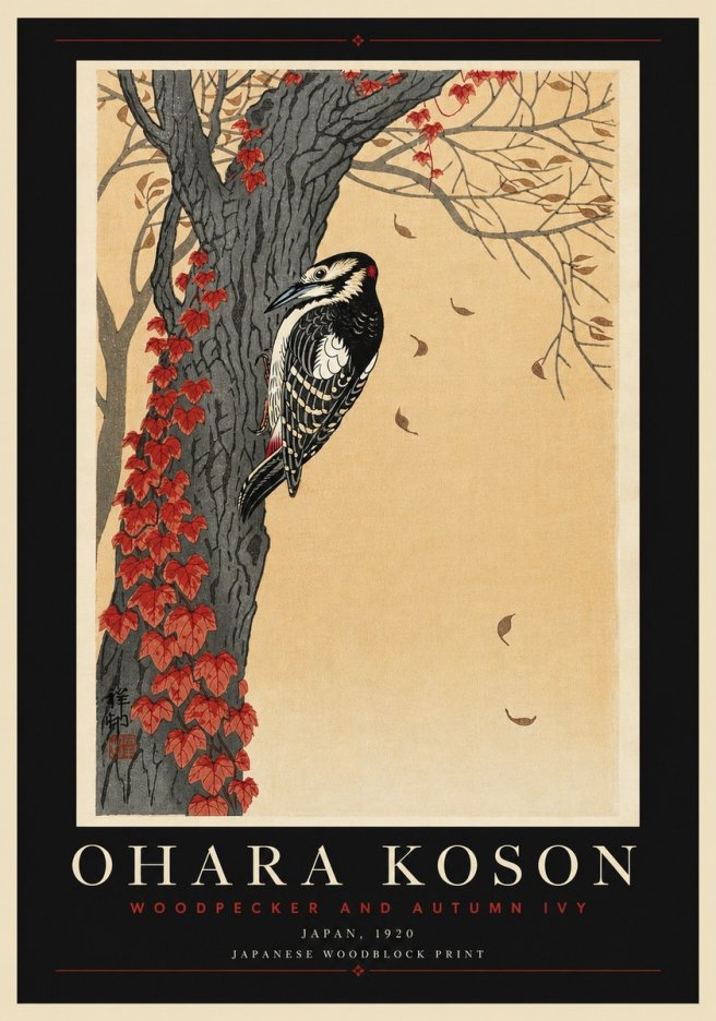 Ohara Koson Woodpecker and Autumn Ivy No6 - Affiche