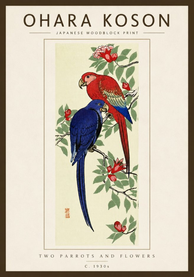 Ohara Koson Two Parrots and Flowers No5 - Affiche