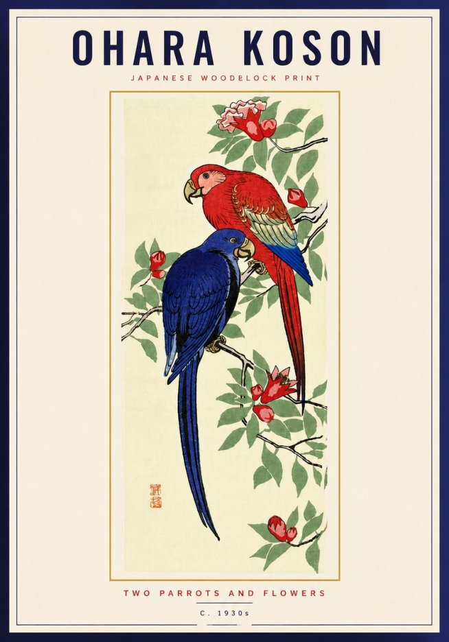 Ohara Koson Two Parrots and Flowers No6 - Affiche