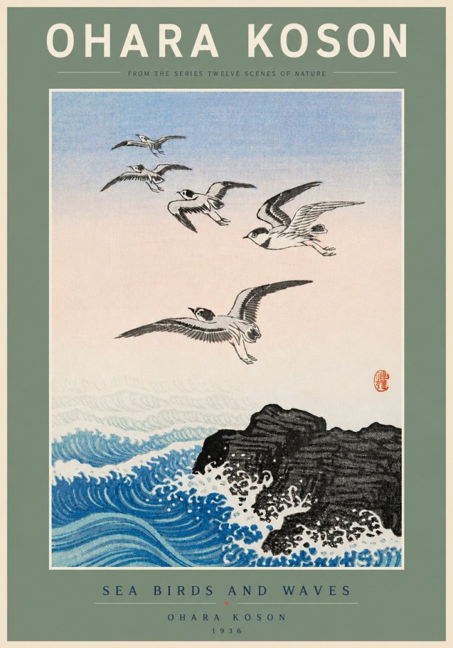 Ohara Koson Sea Birds and Waves No5 - Affiche