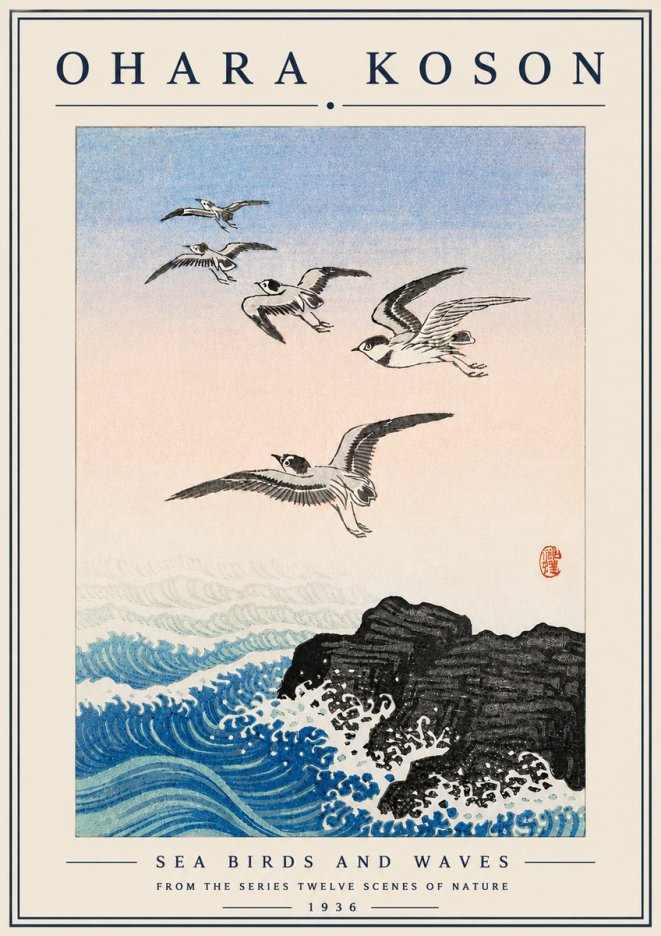 Ohara Koson Sea Birds and Waves No6 - Affiche