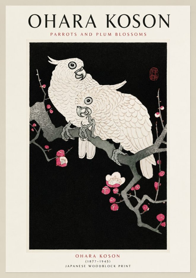 Ohara Koson Parrots and Plum Blossoms No1 - Affiche