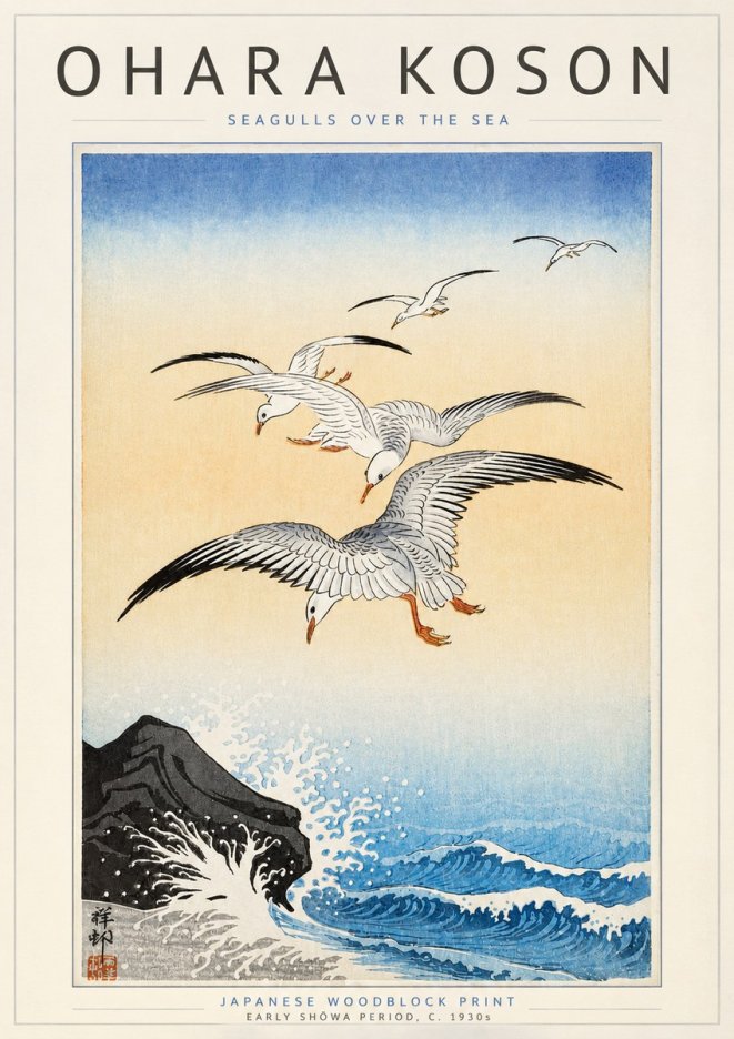Ohara Koson Seagulls over the Sea No3 - Affiche