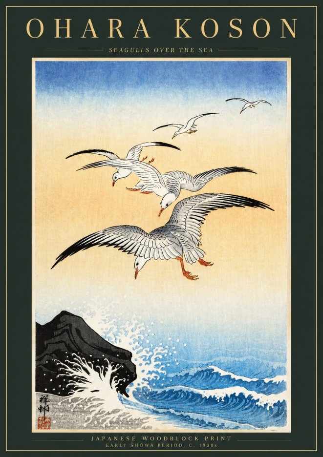 Ohara Koson Seagulls over the Sea No5 - Affiche