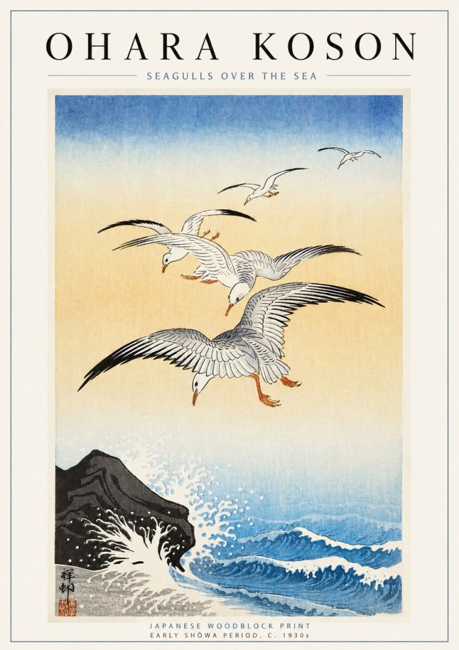 Ohara Koson Seagulls over the Sea No6 - Affiche