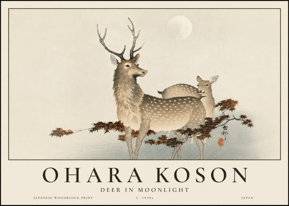 Ohara Koson Deer in Moonlight No3 - Affiche