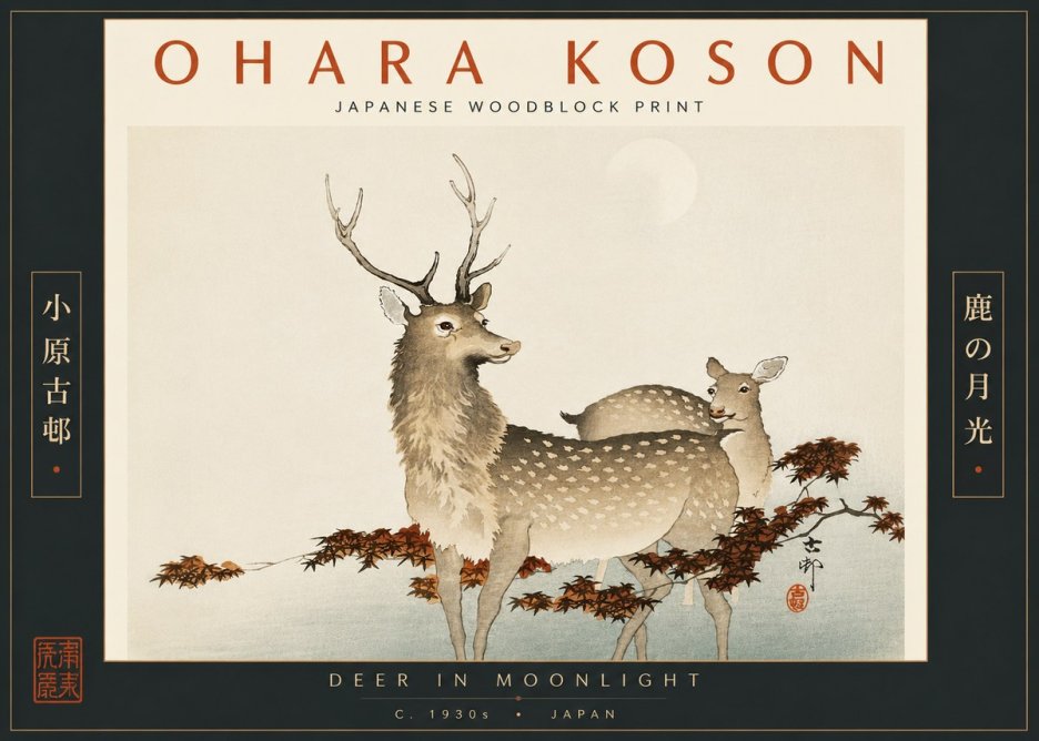 Ohara Koson Deer in Moonlight No6 - Affiche