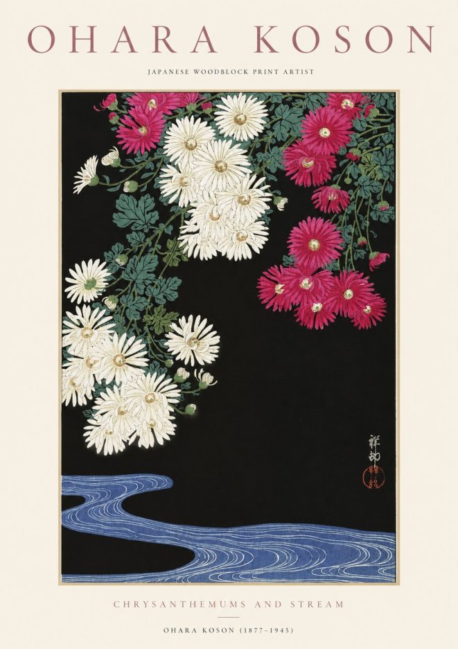 Ohara Koson Chrysanthemums and Stream No1 - Affiche