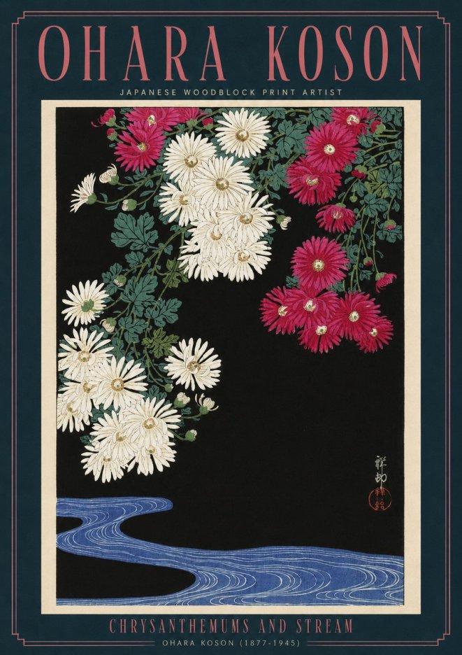 Ohara Koson Chrysanthemums and Stream No2 - Affiche
