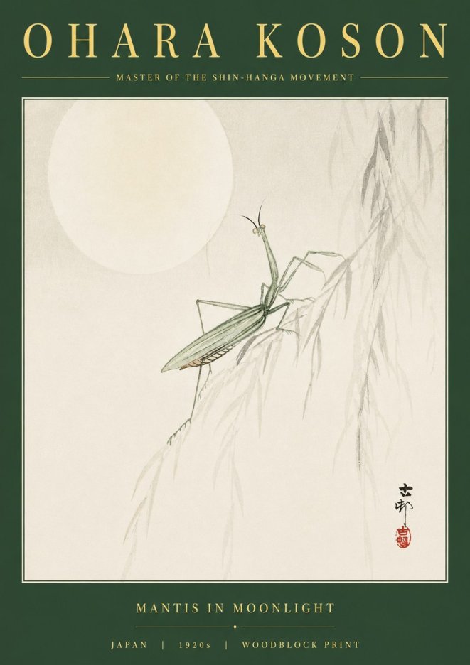 Ohara Koson Mantis in Moonlight No2 - Affiche