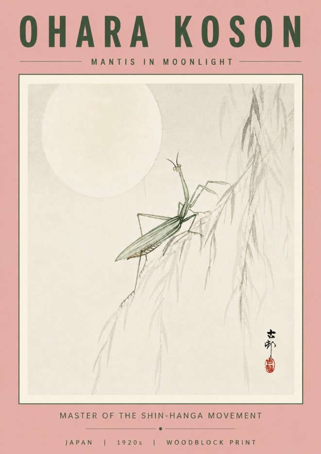 Ohara Koson Mantis in Moonlight No4 - Affiche