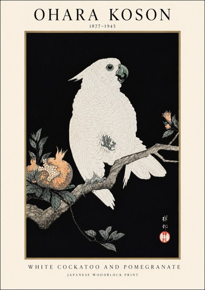 Ohara Koson White Cockatoo and Pomegranate II No1 - Affiche