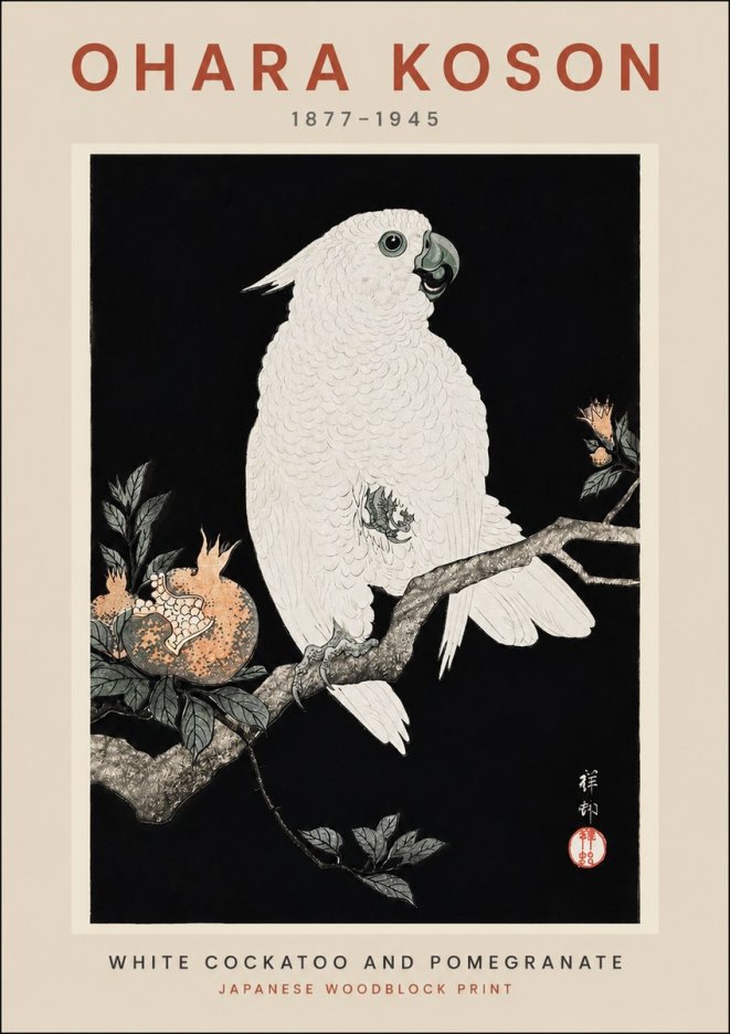 Ohara Koson White Cockatoo and Pomegranate II No2 - Affiche