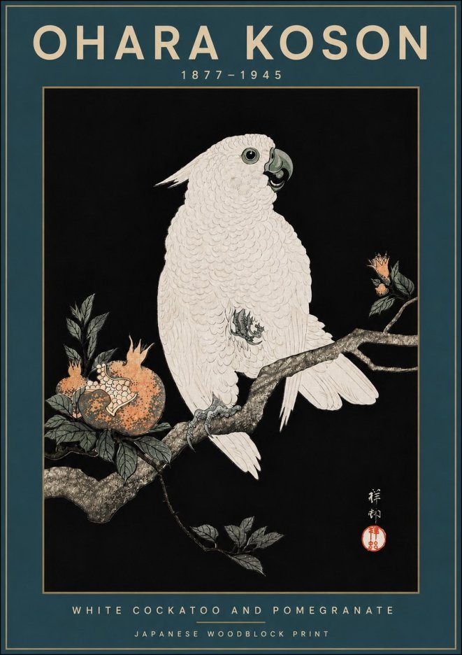 Ohara Koson White Cockatoo and Pomegranate II No3 - Affiche