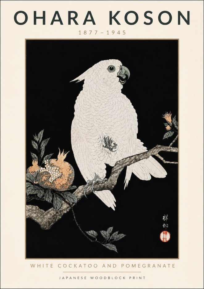 Ohara Koson White Cockatoo and Pomegranate II No4 - Affiche