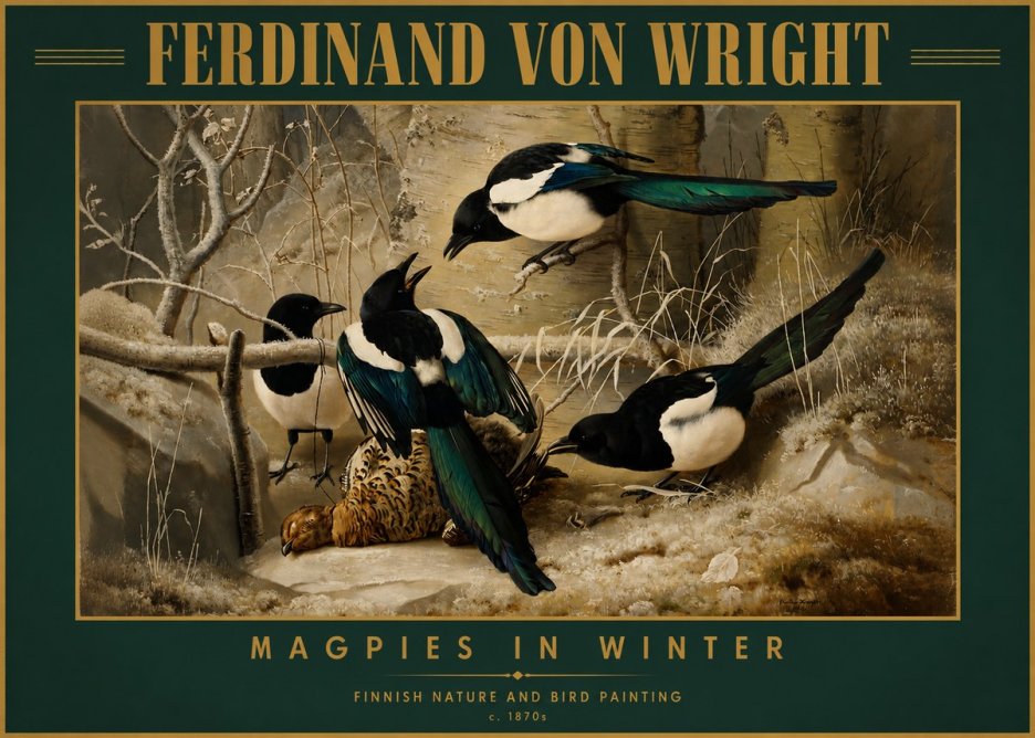 Ferdinand von Wright Magpies in Winter No2 - Affiche
