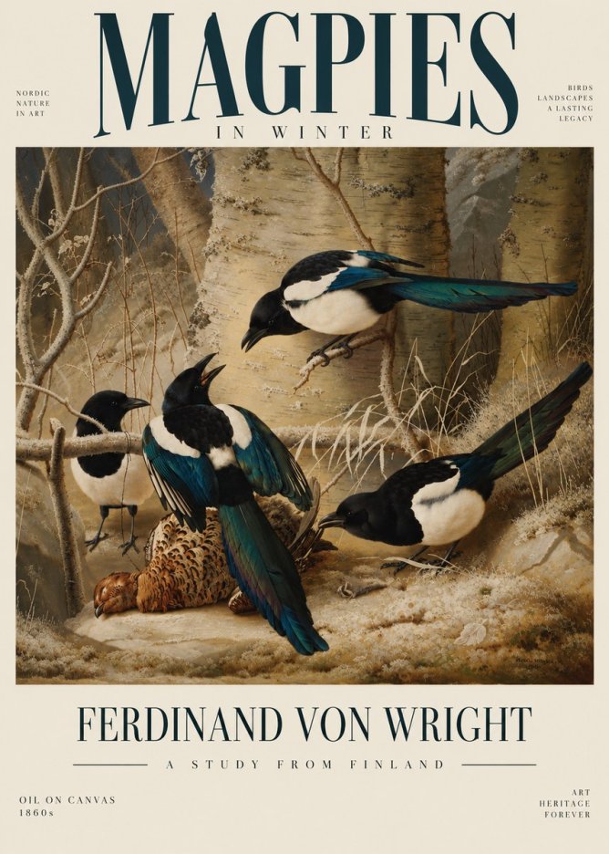 Ferdinand von Wright Magpies in Winter No6 - Affiche