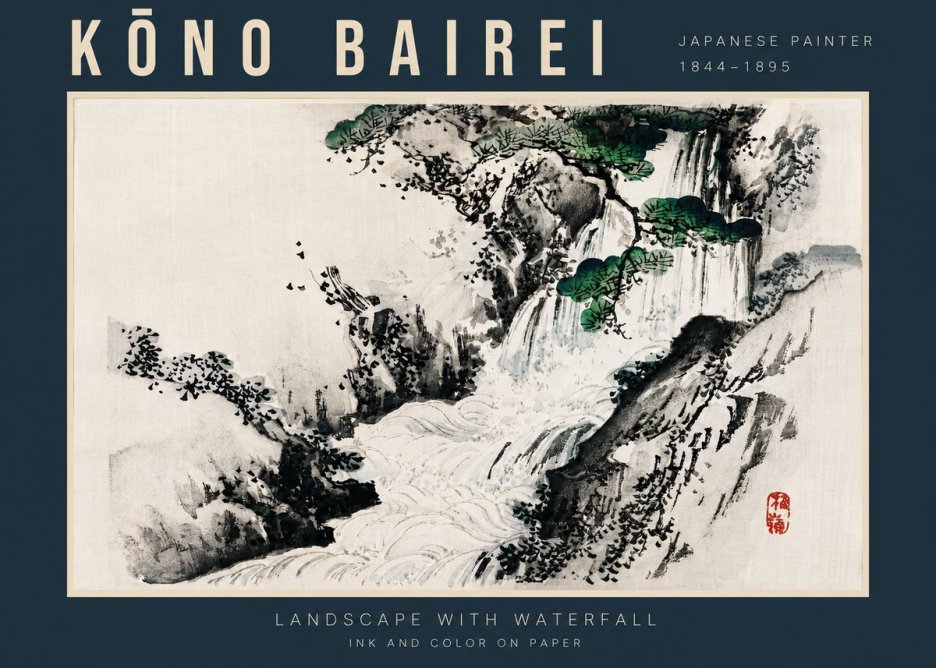 Kōno Bairei Landscape with Waterfall No4 - Affiche
