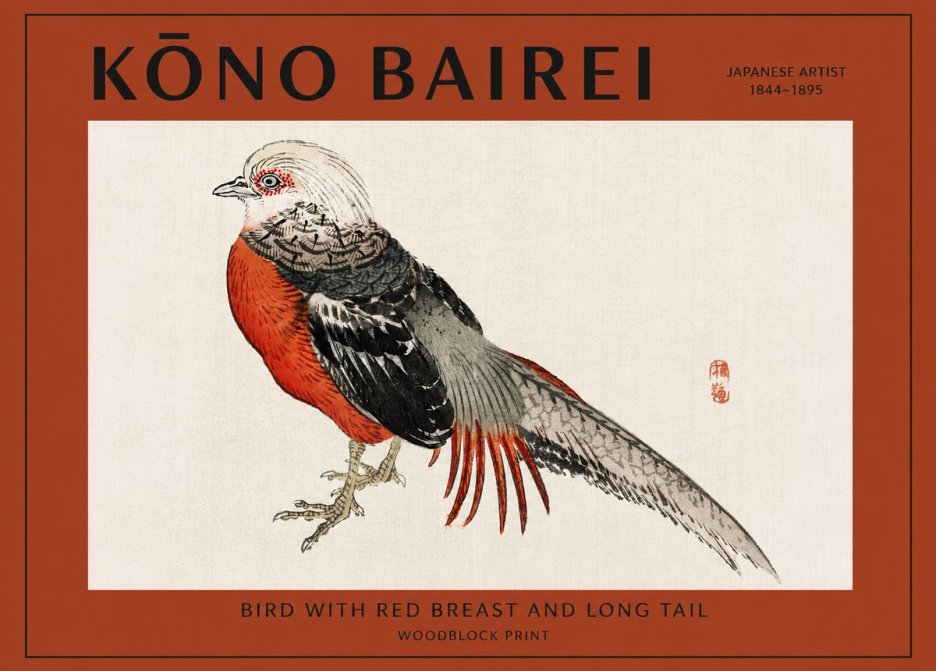 Kōno Bairei Bird with Red Breast and Long Tail No2 - Affiche
