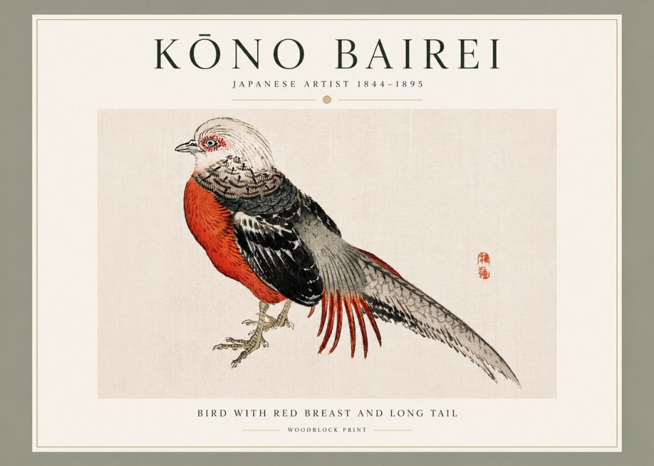 Kōno Bairei Bird with Red Breast and Long Tail No3 - Affiche