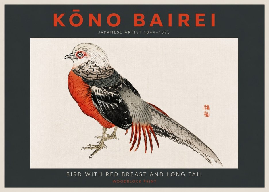 Kōno Bairei Bird with Red Breast and Long Tail No4 - Affiche