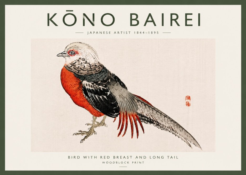 Kōno Bairei Bird with Red Breast and Long Tail No6 - Affiche