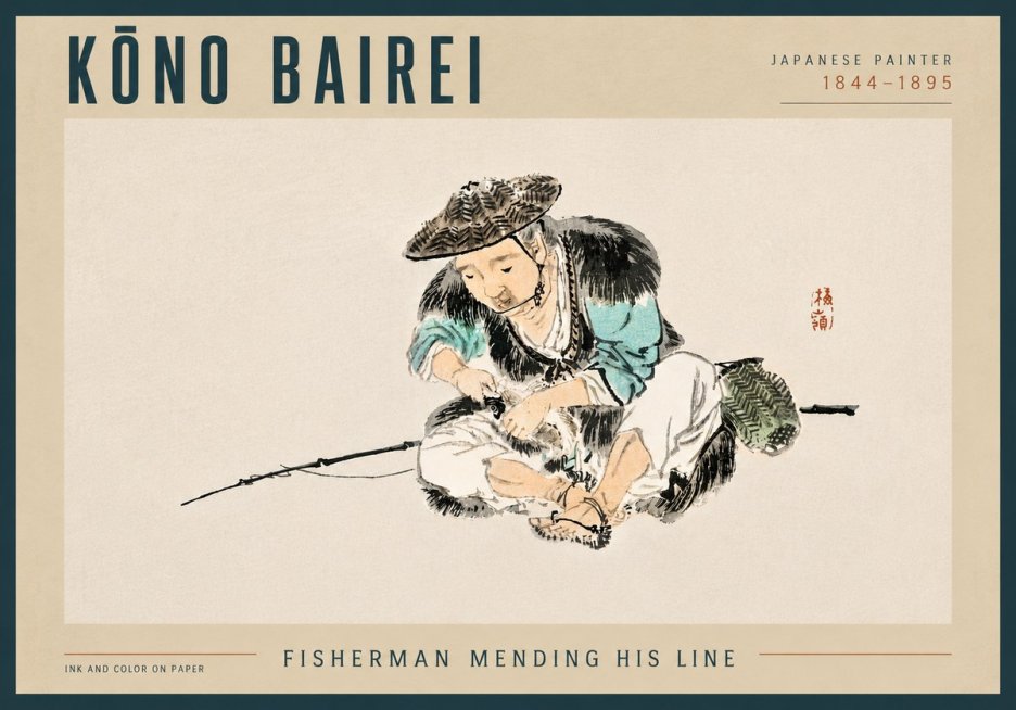 Kōno Bairei Fisherman Mending His Line No4 - Affiche