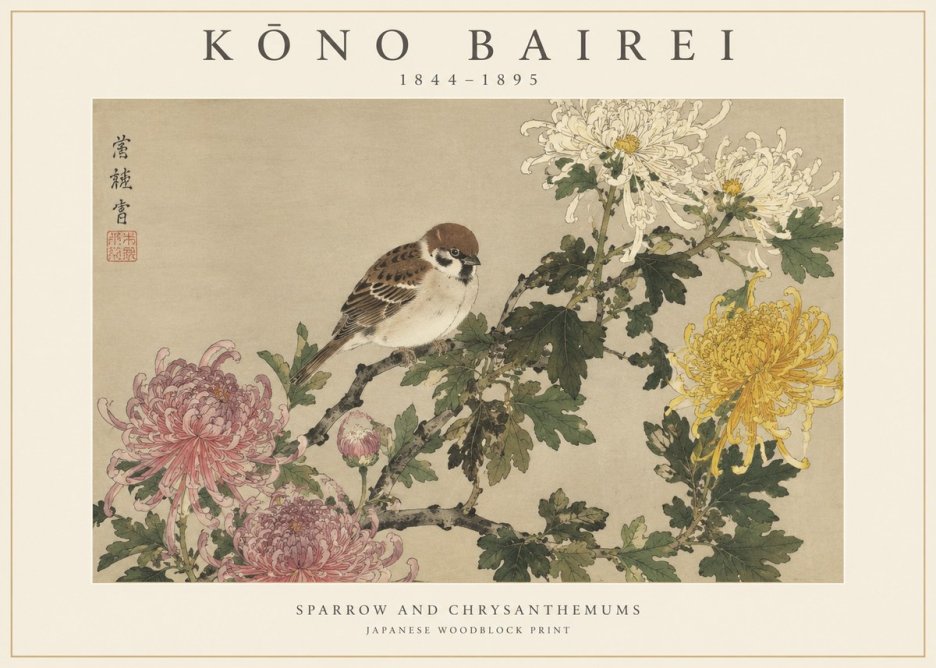 Kōno Bairei Sparrow and Chrysanthemums No1 - Affiche