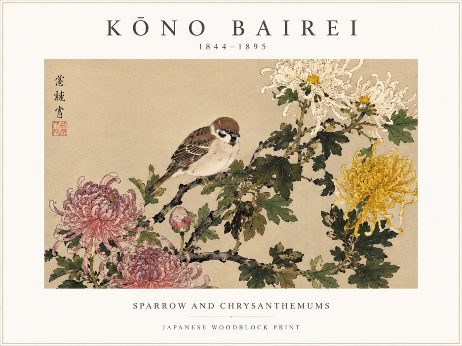 Kōno Bairei Sparrow and Chrysanthemums No3 - Affiche