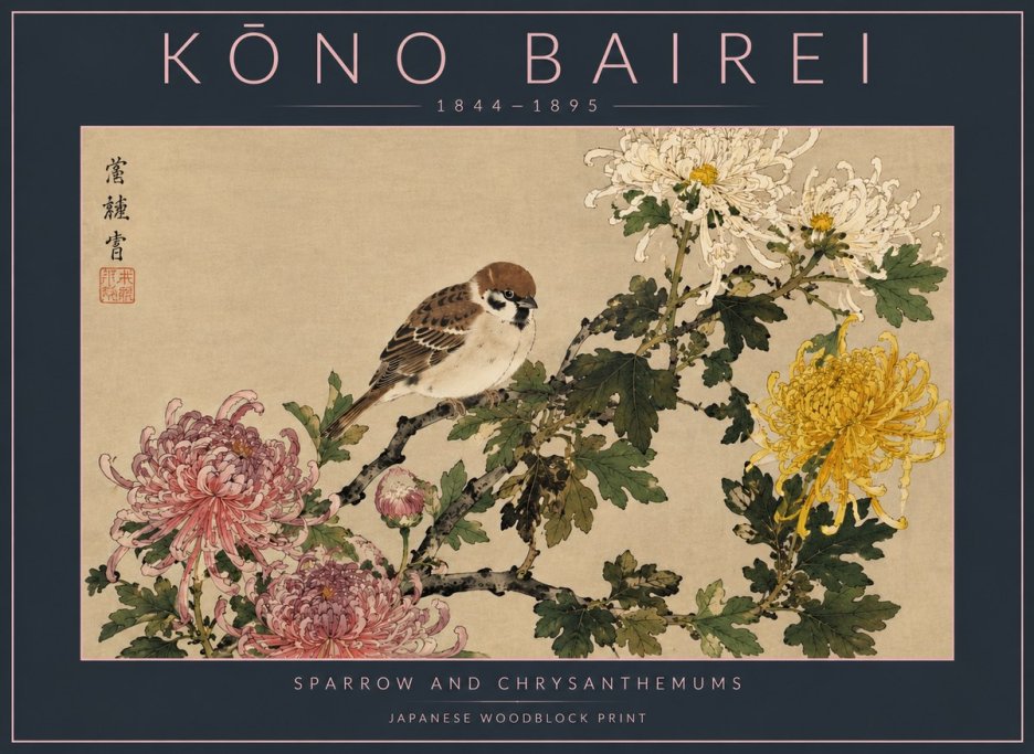 Kōno Bairei Sparrow and Chrysanthemums No4 - Affiche