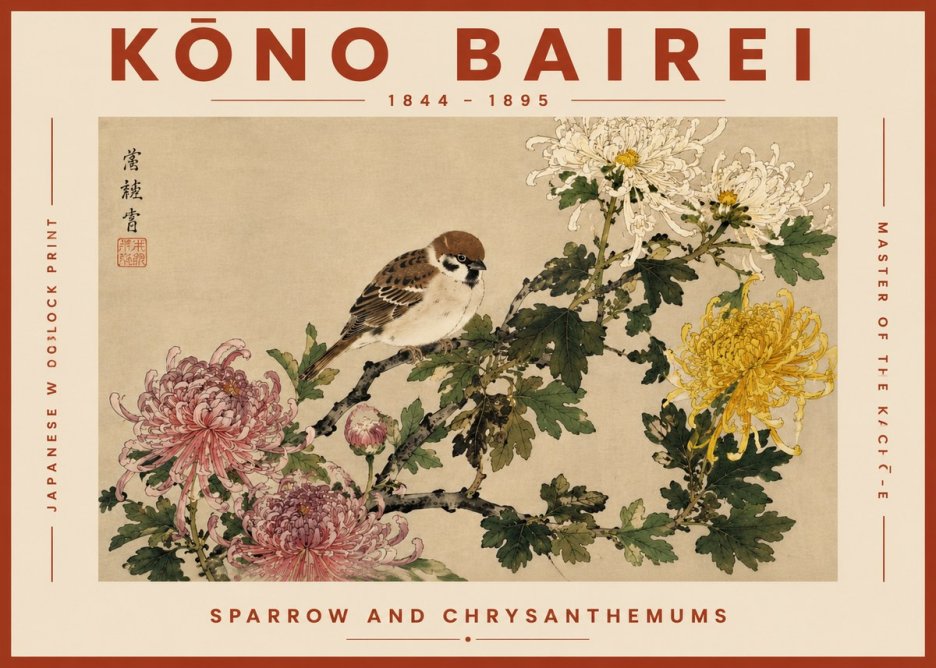 Kōno Bairei Sparrow and Chrysanthemums No6 - Affiche