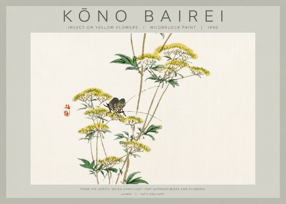 Kōno Bairei Insect on Yellow Flowers No2 - Affiche